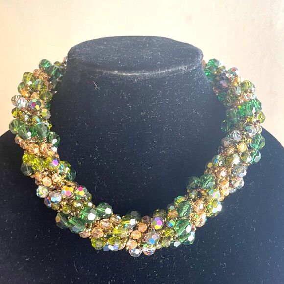 Vintage Swarovski Chunky Austrian Crystal Bold Beaded Green & Gold Necklace 16"